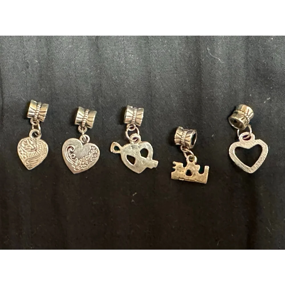 Set of 5 Silver Heart / Love themed Charms for Bracelet / Necklaces